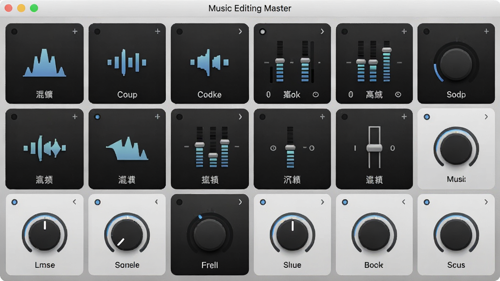 Music Editing Master 音频特效面板,主体为软件界面,屏幕上展示着多种效果器插件图标和参数调节旋钮,布局网格状排列,排版清晰,风格为现代简约,细节包括混响、回声、均衡器等图标,画质清晰,干净,无多余元素