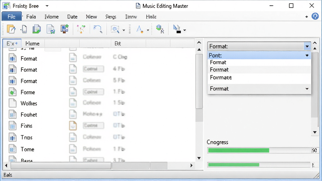 Music Editing Master 格式转换界面,主体为软件窗口,屏幕上显示着文件列表和格式选择下拉菜单,布局左右结构,排版规整,风格为办公软件质感,细节包括文件图标、格式选项、转换进度条,画质清晰,干净,无多余元素