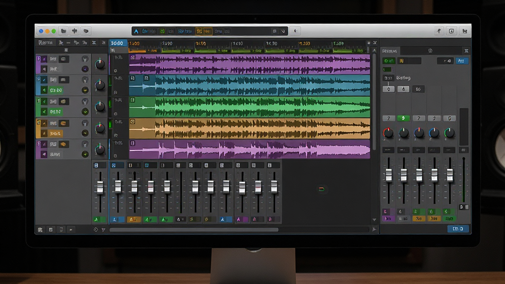 Music Editing Master 多轨混音界面,主体为一台宽屏显示器,屏幕上展示多条彩色音频轨道和混音推子面板,布局左右分栏,排版整齐,风格为专业录音棚质感,细节包括波形图、推子旋钮、时间刻度,画质清晰,干净,无多余元素