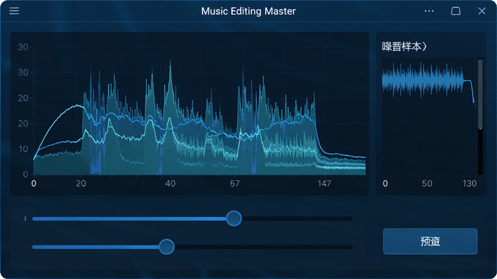 Music Editing Master 降噪处理界面,主体为软件操作窗口,屏幕上显示着频谱图和降噪参数调节滑块,布局居中,排版简洁,风格为科技蓝调,细节包括频谱曲线、噪音样本选取区域、预览按钮,画质清晰,干净,无多余元素
