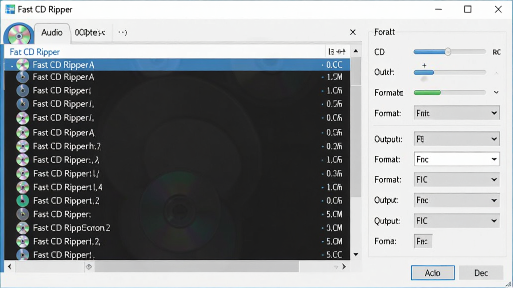 Fast CD Ripper ����������Ԥ��ͼ������Ϊһ��Windows�����Ƶץ���������ڣ����������ʾCD��Ŀ�б����Ҳ�Ϊ��ʽѡ�������������壬�Ű��������򣬷��Ϊ�ִ���Լ�Ƽ��У�ϸ�ڰ�������ͼ�ꡢ����������ʽ�����˵�������ɾ��޶���Ԫ�أ����廭�ʣ��޶�������