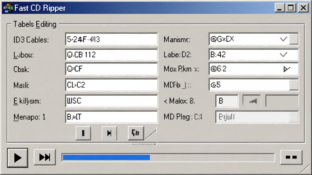 Fast CD Ripper ��Ƶ��ǩ�༭�벥��Ԥ�����棬����Ϊ������ǩ�༭������С�Ͳ��ſ�����������Ϊ���½ṹ���Ϸ�Ϊ��ǩ������·�Ϊ���Ű�ť����������Ű���գ����Ϊ����WindowsӦ�ý��棬ϸ�ڰ���ID3��ǩ�ֶΡ����ſ���ͼ�꣬����ɾ������廭�ʣ��޶���Ԫ��