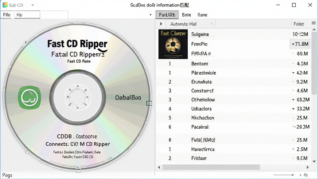 Fast CD Ripper ������Ŀ��Ϣƥ�书��չʾ������Ϊ����������CDDB���ݿ�����״̬���Զ�������Ŀ�б�������Ϊ���ҷ��������Ϊ������Ϣ���Ҳ�Ϊ��Ŀ���飬�Ű����������Ϊ�ִ�������ͼ���ϸ�ڰ���ר����������ͼ������������Ŀʱ��������ɾ������廭�ʣ��޶���Ԫ��