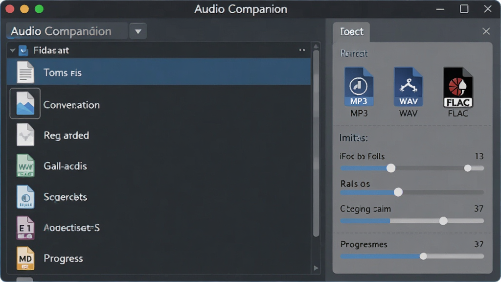 һ��չʾ Audio Companion ���ʽ��Ƶת�����ܵ�ʾ��ͼ����������Ϊ����ת�����棬�������Ϊ�ļ��б����Ҳ�Ϊ��ʽѡ����壬�Ű����½ṹ�����Ϊ�Ƽ��б�ƽ����ϸ������ʾ MP3��WAV��FLAC �ȸ�ʽͼ����ת�������������������ɾ����޶���Ԫ��