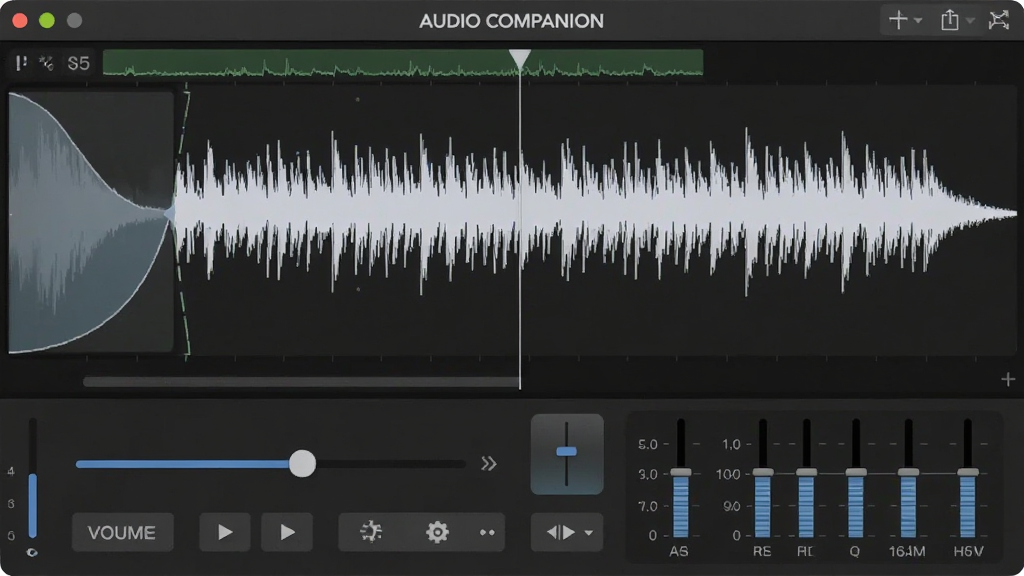һ��չʾ Audio Companion ��Ƶ��������Ч��ǿ���ܵ�ʾ��ͼ����������Ϊ�������α༭���棬�����Ϸ�Ϊ������ʾ�����·�Ϊ�������ڻ�������Ч��ť���Ű����չ�������Ϊ��๤�߷磬ϸ�������ֵ��뵭���������������壬���������ɾ����޶���Ԫ��