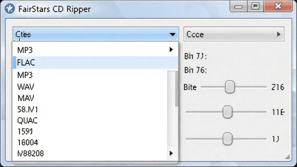 һ��չʾ FairStars CD Ripper �����ʽѡ�������˵���ͼƬ������������������ʾ������Ƶ��ʽѡ����MP3��WAV��FLAC�ȣ��Ա��б����ʵ��ڻ��飬���Ϊ�������ܽ���дʵ���ϸ�����������ʸɾ����޶���Ԫ��
