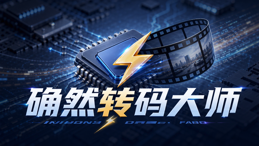 确然转码大师极速转码引擎概念图,画面展示软件名称“确然转码大师”与闪电速度符号结合,主体为电脑芯片与视频胶片融合,布局居中,排版动感,风格为未来科技感,细节包含速度线条与数据流光,画质高清,干净,无多余元素