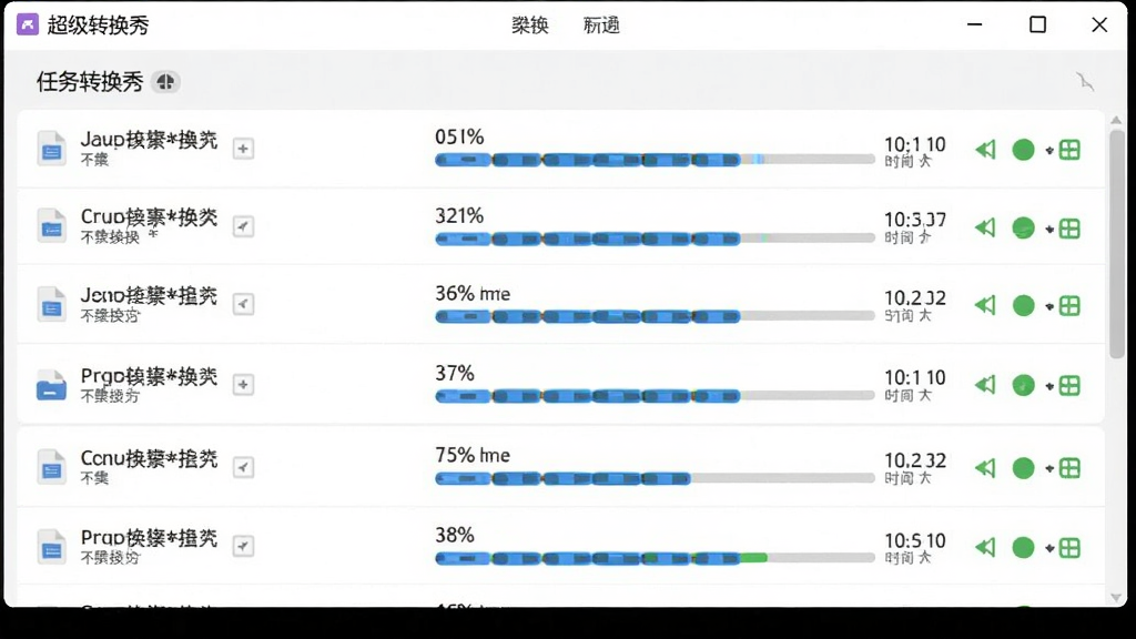 批量转换进度界面,主体为超级转换秀的任务队列窗口,布局为列表形式展示多个转换任务,排版为每行一个任务带进度条,风格为现代简洁风格,细节包括文件名、进度百分比、剩余时间、状态图标,画质高清干净无多余元素