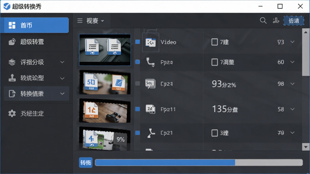 软件主界面展示,主体为超级转换秀软件窗口位于画面中央,布局为左侧功能导航栏、右侧视频文件列表和转换进度条,排版简洁清晰,风格为现代扁平化UI设计,细节包括蓝色主色调按钮、格式图标、进度百分比数字,画质高清干净无多余元素
