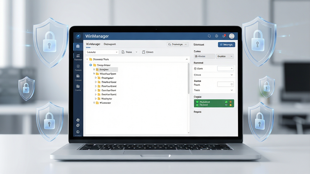 һ��չ��WinManager�ĵ���ȫ����ϵͳ������������ͼ������������һ̨�򿪵ıʼǱ����ԣ���Ļ����ʾ��WinManager�ĵ���ȫ����ϵͳ�Ŀ���̨���棬������ĵ��������νṹ���Ҳ���Ȩ��������������״ָ̬ʾ�ơ����ֲ������ĶԳƹ�ͼ���Ű��������򡣷��Ϊ�ִ��Ƽ�����磬ϸ������Ļ��Χ�����Ű�͸���Ķ���������ͼ�꣬������ȫ���������ʸ��壬�ɾ����޶���Ԫ�ء�