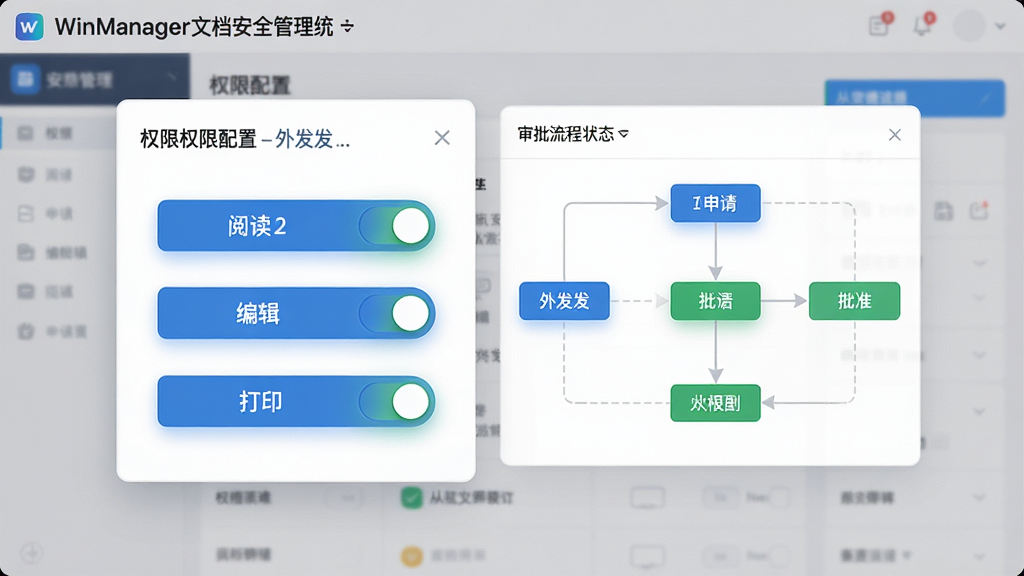 չʾWinManager�ĵ���ȫ����ϵͳ��Ȩ�޹ܿ����������̽��档����������һ��������Ȩ��������壬������������Ķ����༭����ӡ���ⷢ��Ȩ�޿��ذ�ť���Ա���һ����������ͼ����ʾ�����뵽��׼����ת״̬�����ֲ���ģ�黯��Ƭʽ��ƣ����Ϊ�������磬ϸ���ϰ�ť����΢���ķ���Ч��������ͼ�������������ʸ��壬�ɾ����޶���Ԫ�ء�