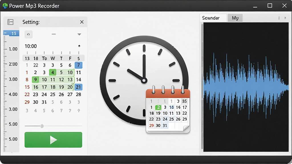 һ������Power Mp3 Recorder��ʱ¼�ƹ��ܵĳ���ͼ������Ϊ��������������ʾʱ��ͼ���������ճ̣�����Ϊ���������塢�Ҳನ��Ԥ�����Ű���������Ϊ��Լ����磬ϸ�ڰ���ʱ����̶Ⱥ���ɫ��ʼ��ť�����ʸ���ɾ��������д���