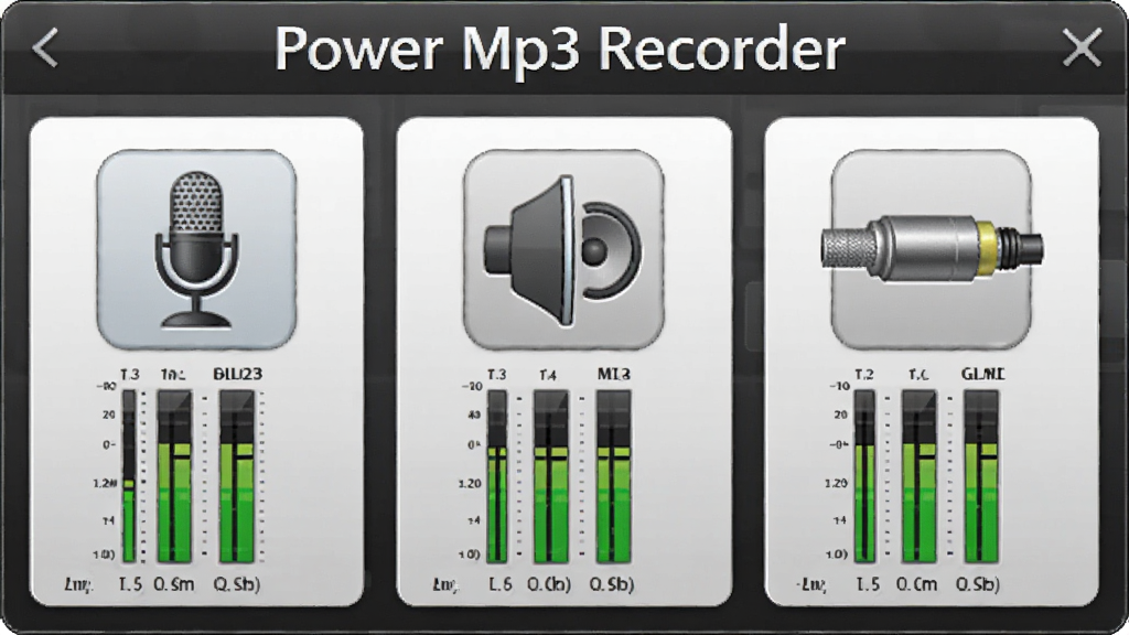 һ��չʾPower Mp3 Recorder����Դ¼�ƹ��ܵ�ʾ��ͼ������Ϊ���������в�����ʾ��˷硢����������·��������ͼ�꣬���ֲ��ú������У��Ű��࣬���Ϊдʵ�Ƽ��磬ϸ�ڰ���ÿ��ͼ���·���������ƽָʾ�������������ɾ��������д���