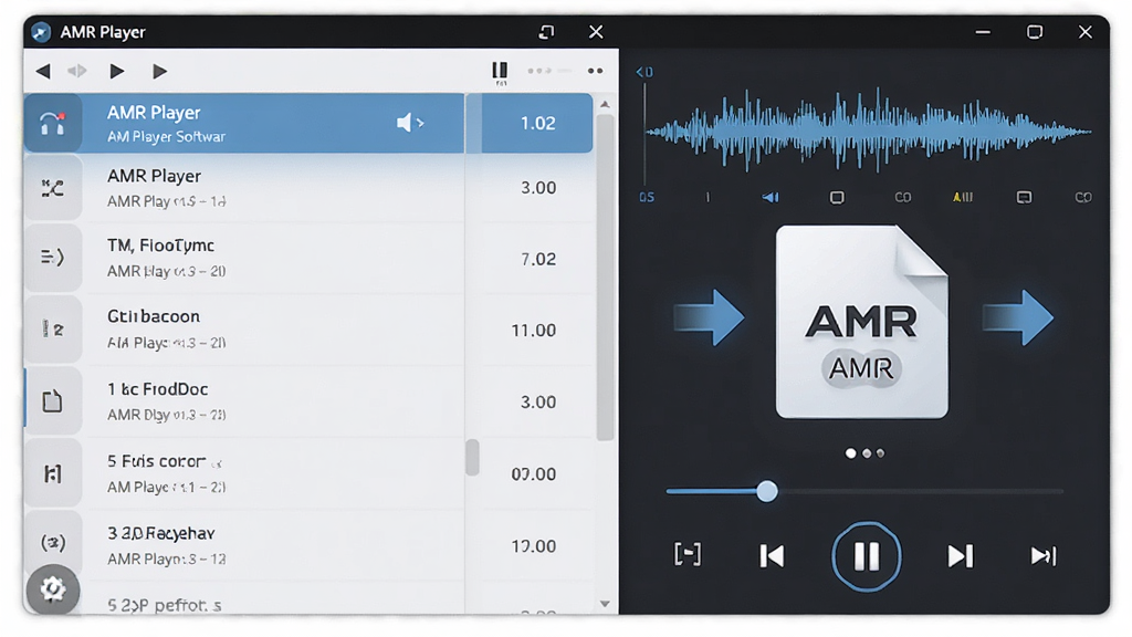 ����ΪAMR Player����������AMR��Ƶ�ļ�ͼ�꣬���ֲ������ҷ��������Ϊ�����б����Ҳ�Ϊ���ſ��������Ű������������Ϊ�ִ��Ƽ��У�ϸ�ڰ�����Ƶ����ͼ���ʽת����ͷ�����ʸ��壬�ɾ����޶���Ԫ�ء�