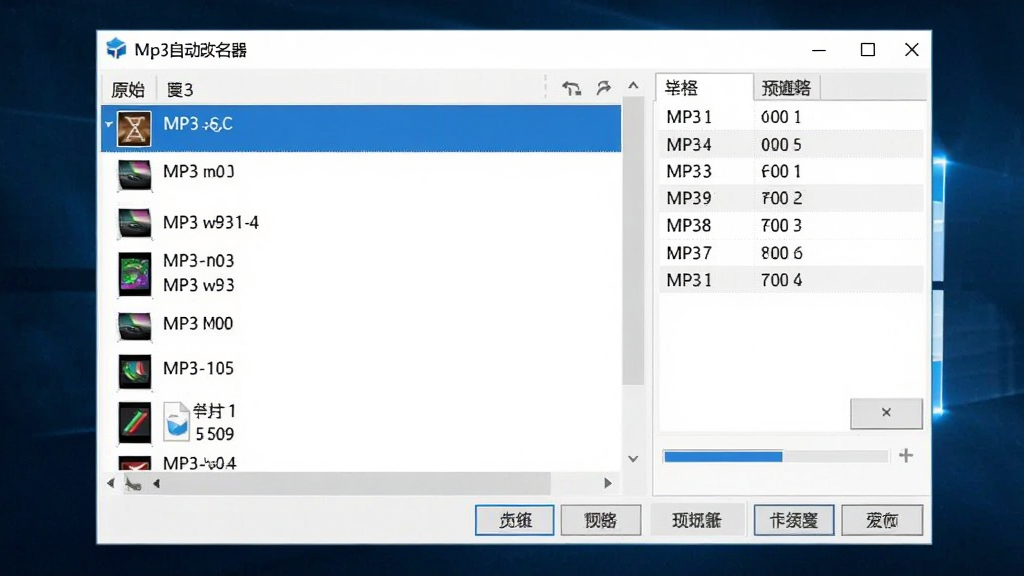 Mp3�Զ�����������������չʾ������Ϊ�������ڲ��֣����Ϊ�ļ��б�����ʾ����MP3��������ԭʼ�ļ������Ҳ�Ϊ��ǩ��ϢԤ����壬�ײ�Ϊ���ܰ�ť���������Ű��������򣬷��Ϊ�ִ���ԼWindows����Ӧ�÷��ϸ�ڰ�����ɫ����ѡ��Ч�����ļ�ͼ�ꡢ��������Ԫ�أ������������ɾ����࣬�޶���Ԫ��
