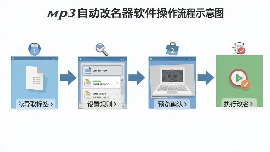 Mp3�Զ�������������������ʾ��ͼ������Ϊ���������ͼ��������ͼ��չʾ�ӵ����ļ�����ȡ��ǩ�����ù���Ԥ��ȷ�ϵ�ִ�и������������裬����Ϊ��������ͼ�Ű棬���Ϊ��ƽ����Ϣͼ��ƣ�ϸ�ڰ��������š���ͷ���ӡ�������������ͼ�����ֱ�ǩ��Ԫ�أ������������ɾ����޶���Ԫ��