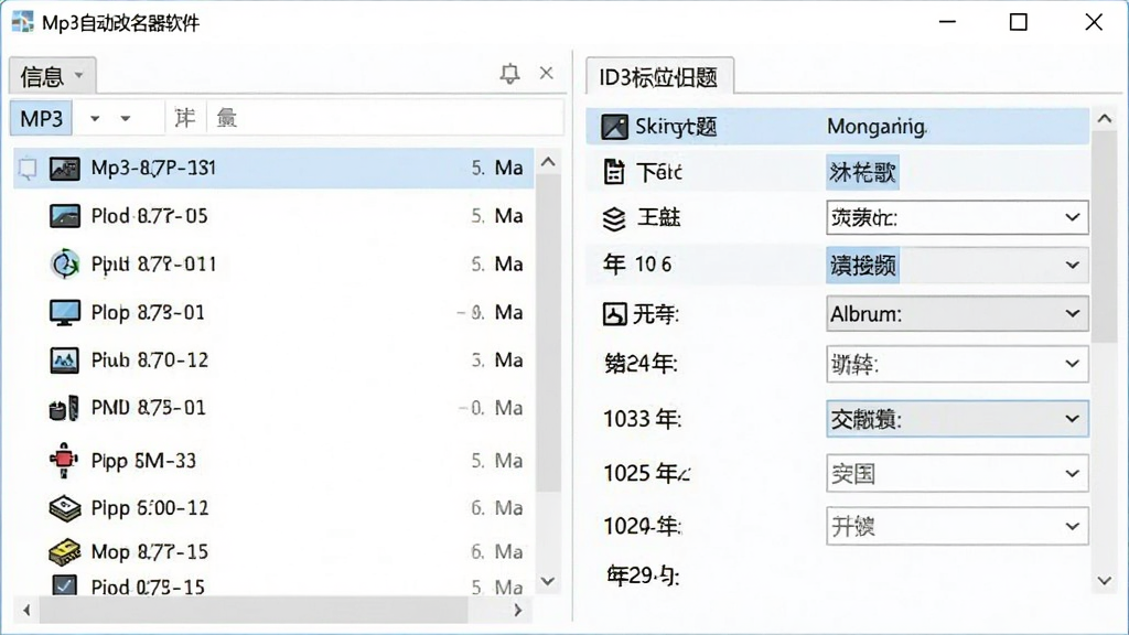 Mp3�Զ�������������ID3��ǩ��ȡ���ܵĽ���չʾ������Ϊ�������ڣ������ʾMP3�ļ��б����Ҳ����չʾ�������⡢�����ҡ�ר������ݵ�ID3��ǩ�ֶε���ϸ���ݣ����ַ�Ϊ�ļ�������Ϣ�����Ű����룬���Ϊ��ˬ�Ƽ��н�����ƣ�ϸ�ڰ�����ǩ�ֶε�ͼ���ʶ���������֡�����ѡ���ȣ������������ɾ����޶���Ԫ��