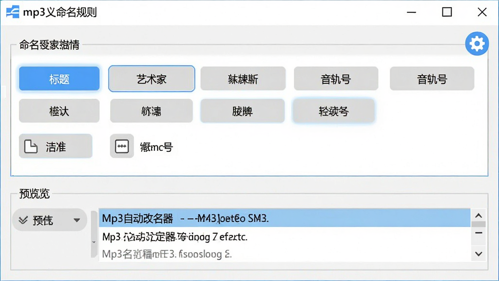 Mp3�Զ��������������Զ��������������ý����չʾ������Ϊ�������ô��ڣ�����������ʾ����ģ��༭�򣬰�������ק�ı�ǩ�ֶΰ�ť����⡢�����ҡ�ר��������ŵȣ��·�ΪԤ������չʾ����Ч���������������Ű�Ϊ���½ṹ�����Ϊ�ִ��������������棬ϸ�ڰ���������ť��ʾ�����֡�����ͼ���Ԫ�أ������������ɾ����޶���Ԫ��
