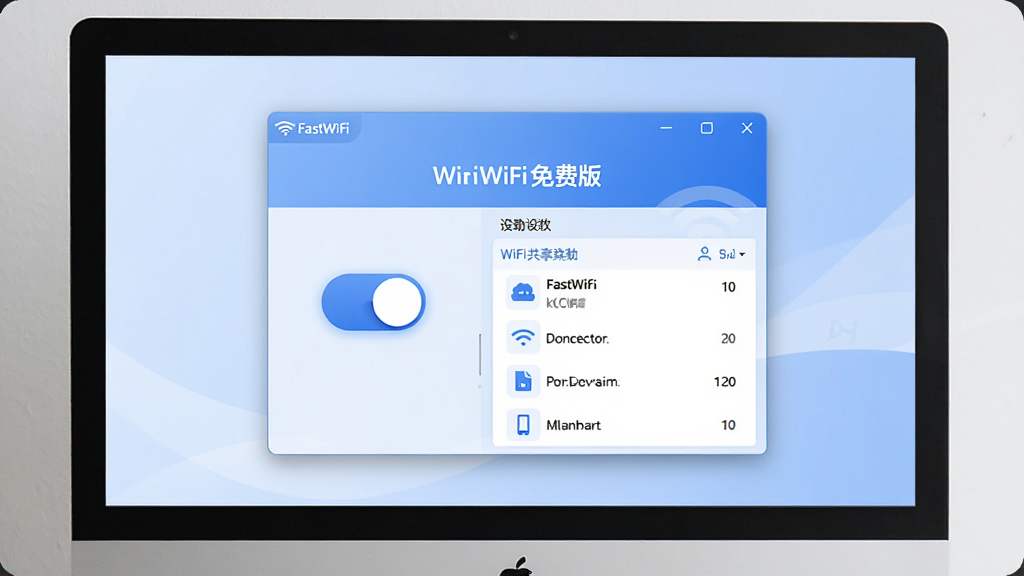 һ��չʾFastWiFi ��Ѱ����������ͼƬ�������ǵ�����Ļ����ʾ�ż���WiFi�����������ڣ���������һ����Ŀ�Ŀ��ذ�ť���������豸�б������־��У��Ű����������Ϊ�ִ��Ƽ��У�ϸ�ڰ�����͵���ɫ����������ͼ������֣����ʸ��壬�ɾ����޶���Ԫ��