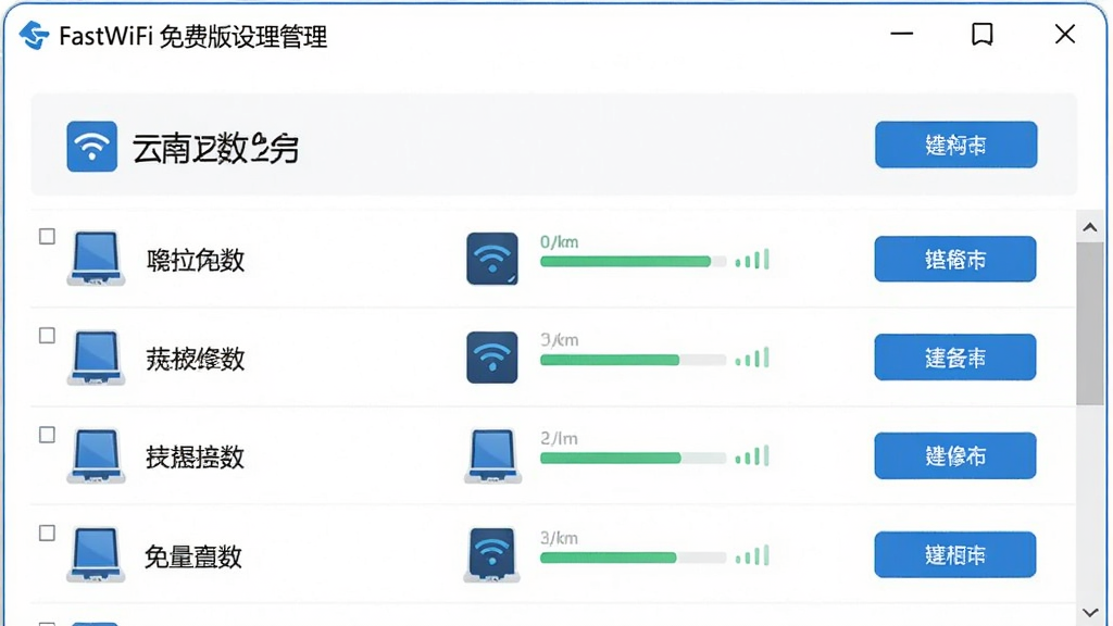һ��չʾFastWiFi ��Ѱ��豸���������ͼƬ������������������һ���б����б�����ʾ�Ŷ�̨�������豸��ͼ������ƣ�����Ϊ���½ṹ���Ϸ����豸����ͳ�ƣ��·�����ϸ�б������Ϊ��ˬ������磬ϸ�ڰ����豸ͼ�ꡢ�ź�ǿ��ָʾ���Ͳ�����ť�����ʸ��壬�ɾ����޶���Ԫ��