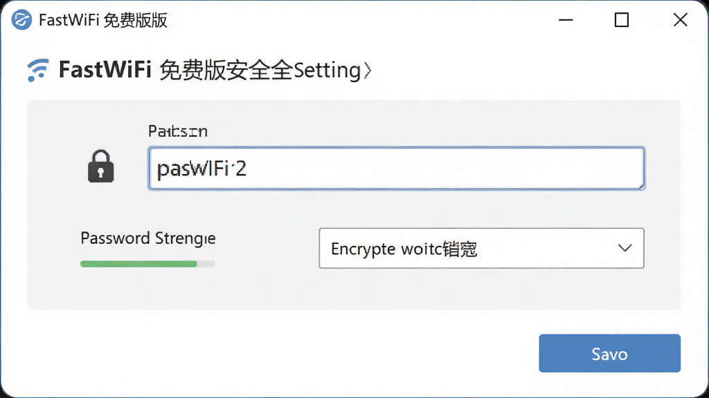 һ��չʾFastWiFi ��Ѱ氲ȫ���ý����ͼƬ������������������һ�����������ͼ��ܷ�ʽ�����˵�������Ϊ������ʽ���Ű����룬���Ϊ��Լ����ϸ�ڰ�������ͼ�ꡢ����ǿ����ʾ�ͱ��水ť�����ʸ��壬�ɾ����޶���Ԫ��