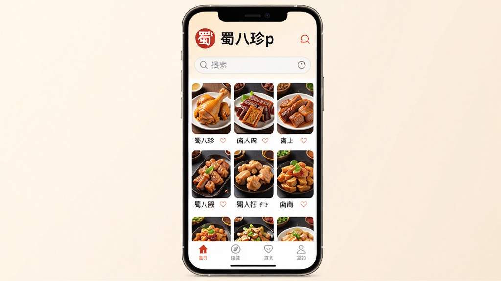 �ֻ���Ļ����չʾ�����App��ҳ���棬�Ϸ�ΪƷ��Logo�����������м�ΪʳƷ��Ʒ�������У��������ȡ�±ζ��ʳƷͼƬ���·�Ϊ������������Ϊǳɫ���䣬������ɾ���ˬ�����ʸ��壬ϸ���������޶���Ԫ��