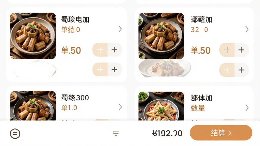 �����App���ﳵ���棬չʾ���ʳƷ��Ʒ�б���ÿ����Ʒ��������ͼ�����ơ����ۺ�����������ť���ײ���ʾ�ϼƽ��ͽ��㰴ť���������࣬������£����ʸ��壬�޶���װ��Ԫ��