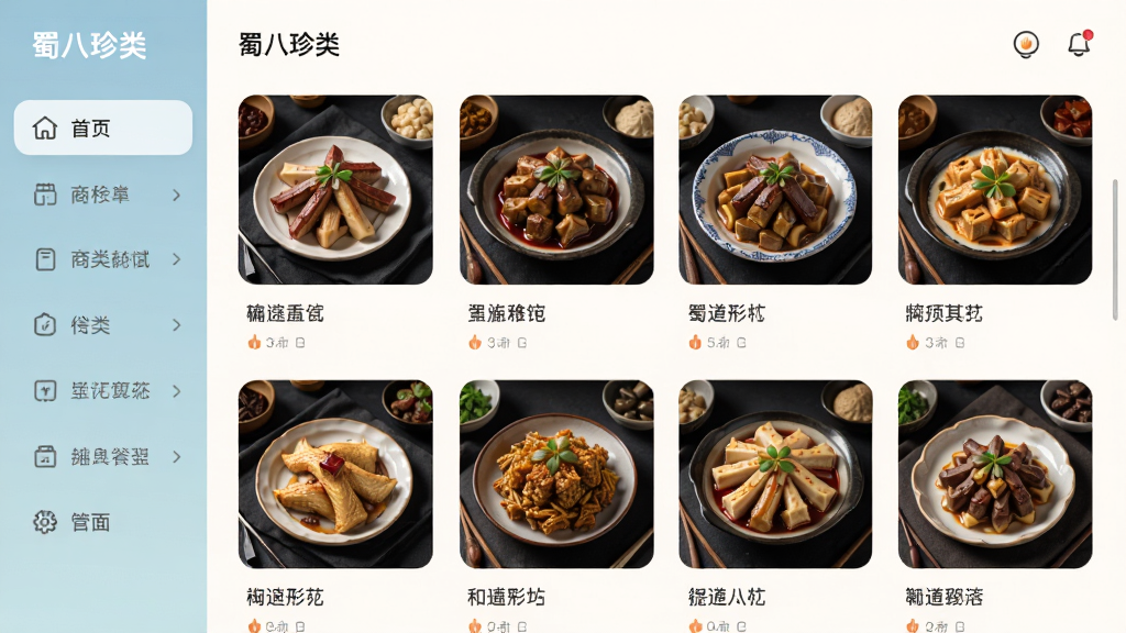 �����App��Ʒ����ҳ�棬���Ϊ���ŷ��ർ�������Ҳ�Ϊ��Ʒ�б���չʾ��ͬʳƷ��������ͼ�����ƣ�������ɫ��ͣ�����������������ִ������ʸ��壬�ɾ�������Ԫ��