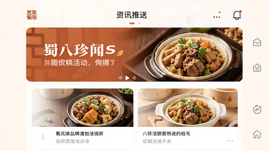 �����App��Ѷ����ҳ�棬չʾƷ�����źʹ�������������ʳƷͼƬ�����ֱ��⣬���沼������������ִ�����ɫ��ů�����ʸ��壬�޶���Ԫ��
