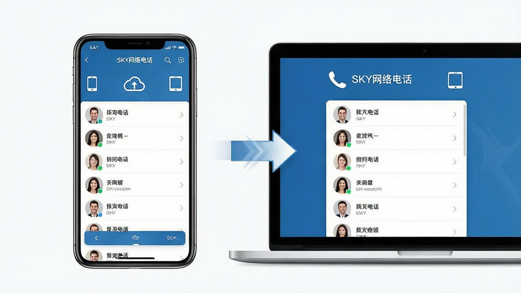 һ��չʾSKY����绰���ͬ�����ܵĺϳ�ͼ������Ϊһ���ֻ���һ̨�ʼǱ����Բ�����ʾ������Ϊ��̨�豸��Ļ����ʾ��ͬ����ϵ���б����棬�Ű��м���ͬ����ͷ���ӣ����Ϊ��Լ����磬ϸ�ڰ�����SKY����绰�����֡���ͬ��ͼ�ꡢ�豸ͼ�꣬�����������ɾ����޶���Ԫ��