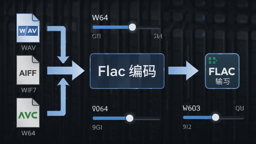 画面主体是一个音频格式转换流程图,中心位置标注“Flac 编码”字样,布局采用从左至右的箭头连接结构,排版清晰直观,风格为信息图表设计,细节包括WAV、AIFF、W64等输入格式图标与FLAC输出图标、参数调节滑块,画质为高清、干净、无多余元素
