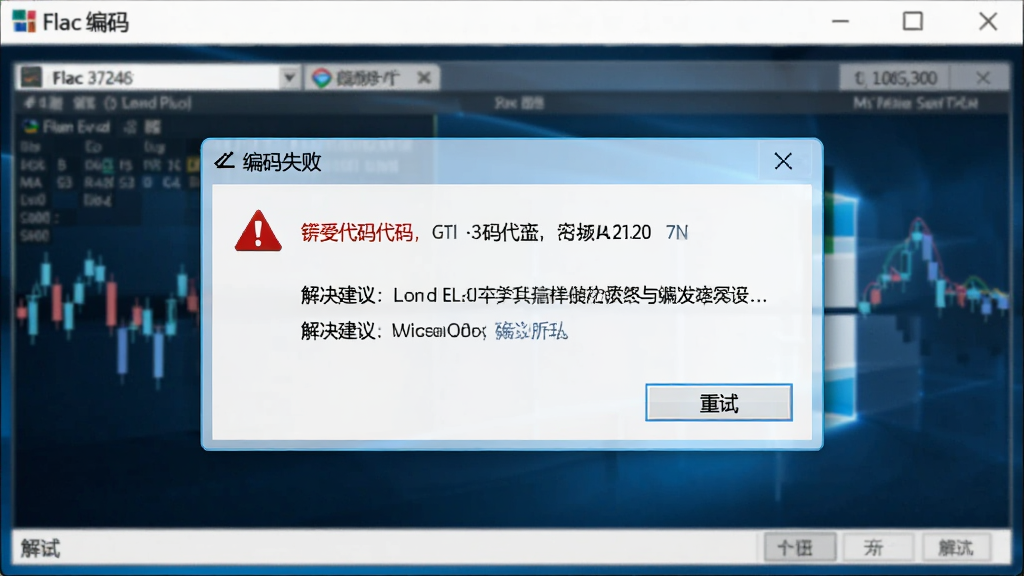 主体是“Flac 编码”软件界面上弹出的错误提示窗口,窗口标题为“编码失败”,布局为居中对话框,排版包含错误代码与解决建议文字,风格为Windows系统提示框样式,细节包括红色警告图标与“重试”按钮,画质为高清、干净、无多余元素