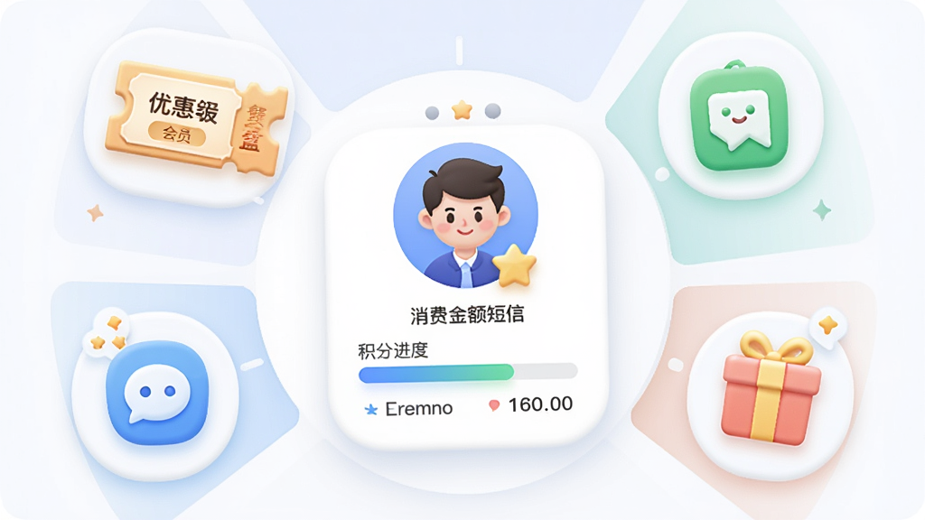 聚宝盆店铺管理会员营销功能界面示意图,画面中心为会员头像卡片与积分进度条,布局采用环形放射状,周围环绕优惠券、短信图标、礼品盒,风格为柔和圆角卡通商务风,细节包含会员等级标签、消费金额数字,画质清晰,干净整洁