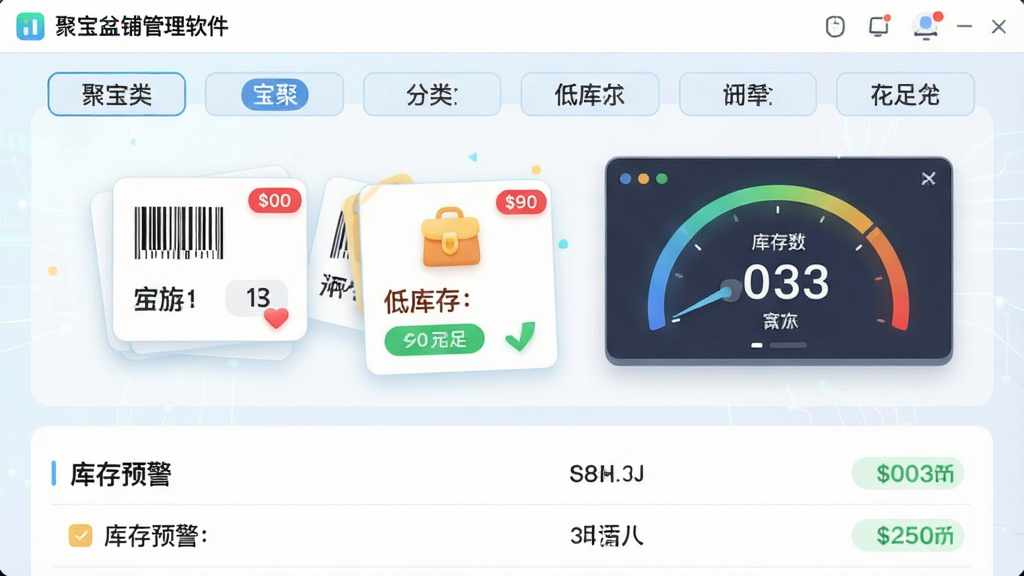 聚宝盆店铺管理软件中商品库存管理界面截图风格插画,画面主体为悬浮的商品卡片与库存数字仪表盘,布局采用上下结构,上方为分类标签,下方为库存预警列表,风格为清新浅色科技风,细节包含条形码图标、红色低库存标记、绿色充足标记,画质高清,干净无杂乱