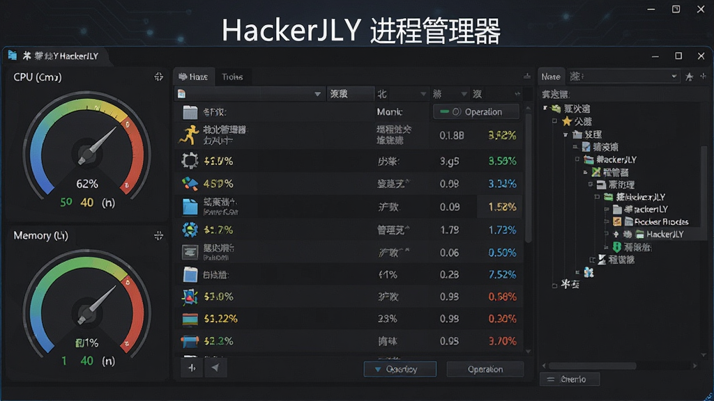 һ��չʾHackerJLY ���̹��������������ȫ��ͼ�����������������Ľ����б����ڣ������ʾCPU���ڴ�ʹ���ʵ��Ǳ��̣��Ҳ�չʾ��ϸ�Ľ�����״�ṹ�����岼�ּ��������������ɫ�Ƽ���񣬽����д���