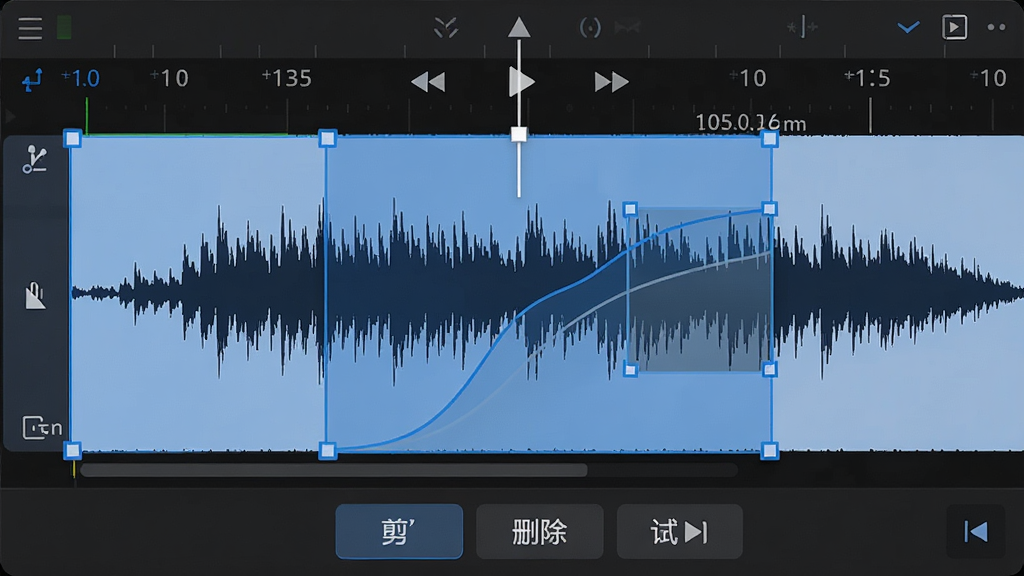 MP3�������ֲ��α༭������д������Ϊ������һ�����ֲ��α�����ѡ������ʾ������Ϊ���ι��ռ�ݻ�����Ҫ�����Ϸ���ʾʱ��̶��벥��ָ�룬�·�Ϊ���С�ɾ����������ť���Ű���ֱ�ۣ����Ϊ�ִ����������ͼ�磬ϸ�ڰ�����ɫѡ������������ʱ���ע�����뵭�����߱�ǣ����ʸ��壬�ɾ����޶���Ԫ��