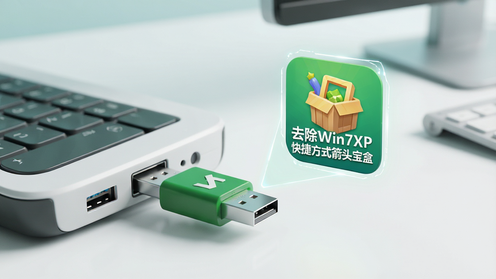 ��ɫ��������ͼ������չʾһ��U�̲��ڵ���USB�ӿ��ϣ�U���Ա�Ư���š�ȥ��Win7XP��ݷ�ʽ��ͷ���С�������ͼ�꣬����Ϊ�ɾ������滷�������Ƽ���Լ�������������޶���Ԫ��