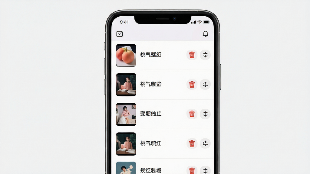������ֽApp�ղؼй���������ͼ������Ϊ�ֻ���Ļ��ʾ�ղؼ��б���ÿ����һ�ű�ֽ����ͼ�����ƣ��Ҳ���ɾ�����ƶ���ť������Ϊ�б�ʽ���У������ˬ���࣬ϸ��������ͼ������ͼ���Լ������Ϊǳɫ�����ʸ��壬����ɾ����޶���Ԫ��