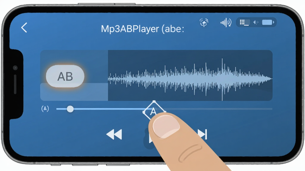 一张展示Mp3ABPlayer (ab复读软件)在手机端运行的界面截图,画面中手机屏幕显示音频播放界面,包含AB复读按钮和波形图,布局适合触屏操作,风格为移动端扁平化设计,细节包含手指点击A点标记的动作,画质干净,无多余元素