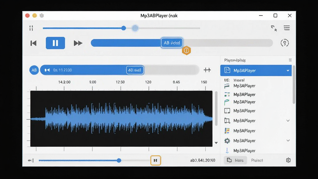 一张展示Mp3ABPlayer (ab复读软件)主界面的预览图,画面中央是软件播放器窗口,布局包含播放控制按钮、AB复读区间标记条、波形显示区域和播放列表,排版简洁清晰,风格为现代扁平化设计,细节包括蓝色高亮选中区域和清晰的时间刻度,画质干净,无多余元素