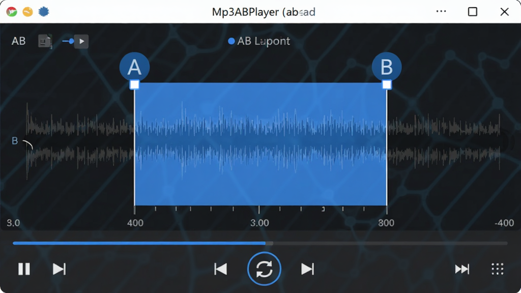 展示Mp3ABPlayer (ab复读软件)的AB复读功能界面,画面中显示音频波形图,波形上方有醒目的A点和B点标记,蓝色高亮区域表示正在循环复读的片段,播放控制栏位于下方,整体布局清晰,风格为科技感扁平设计,细节包含时间刻度和循环图标,画质干净,无多余元素
