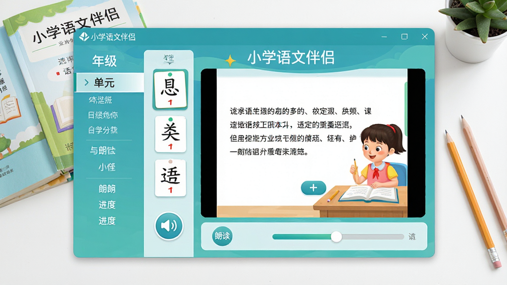 小学语文伴侣软件主界面展示,画面中央是打开的小学语文伴侣软件窗口,左侧为年级与单元导航栏,右侧为课文动画讲解区域,界面配色以清新的蓝绿色为主,桌面上摆放着语文课本与铅笔,风格为简洁明亮的软件宣传图,细节包含生字卡片、朗读按钮、进度条等元素,画质清晰,干净,无多余元素