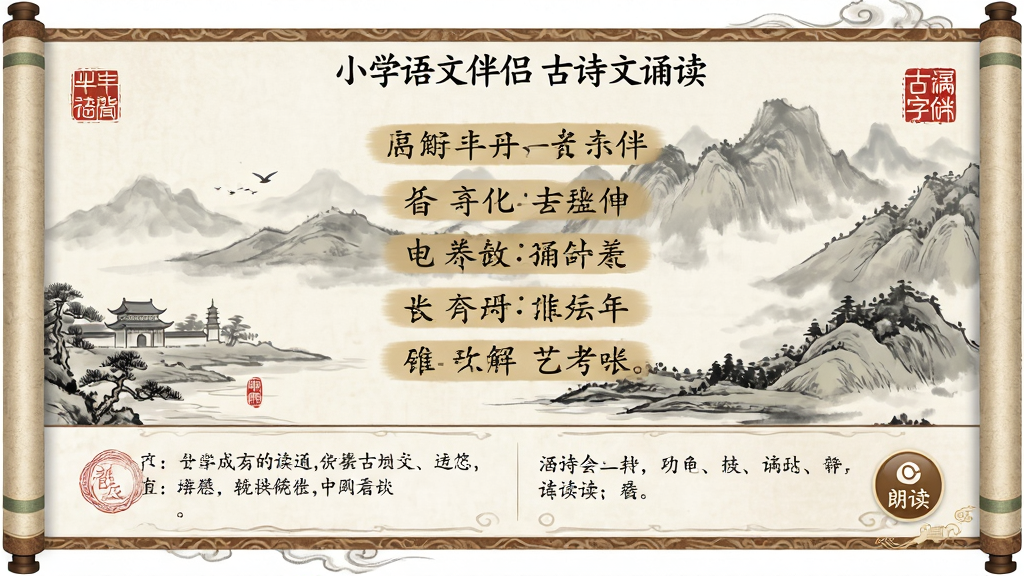 小学语文伴侣古诗文诵读页面,画面中展示一首小学必背古诗,背景为水墨山水动画,诗句逐句高亮显示,下方有注释与译文区域,风格为古典雅致的国风设计,细节包含卷轴边框、印章图案、朗读按钮,画质清晰,干净,无多余元素