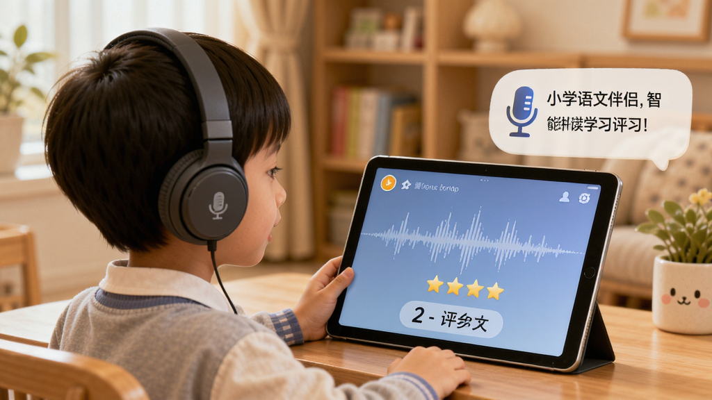 小学语文伴侣智能跟读功能界面,画面中一个小学生戴着耳机对着平板电脑朗读课文,屏幕上显示语音波形与评分星星,旁边有发音纠错提示框,风格为温馨的家庭学习场景,细节包含麦克风图标、评分数字、鼓励文字,画质清晰,干净,无多余元素