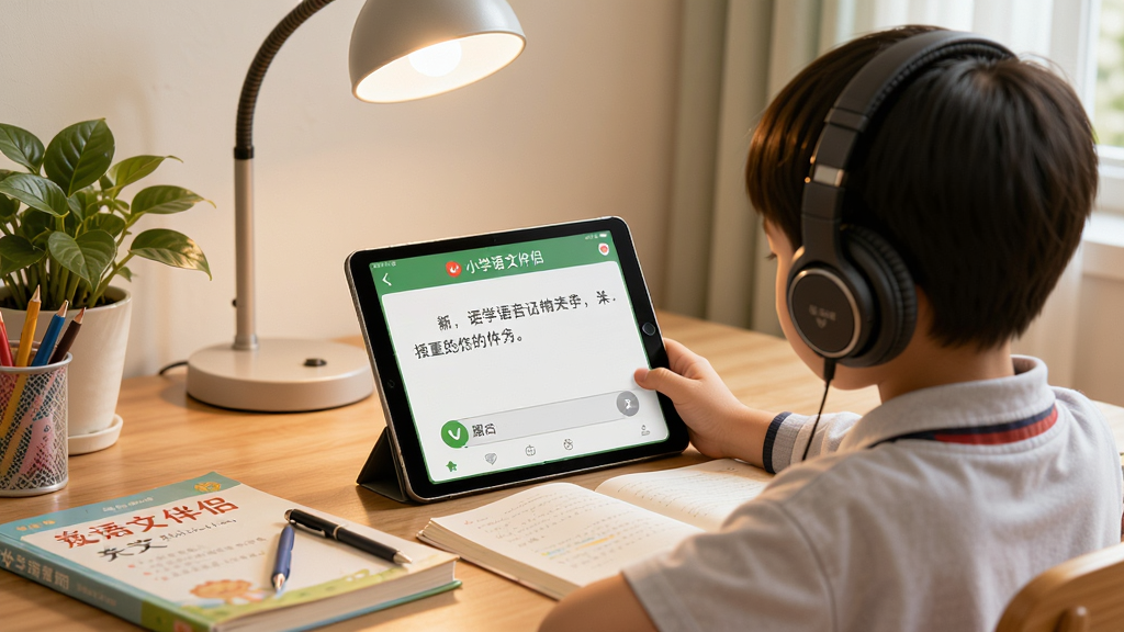 小学语文伴侣在平板电脑上的使用场景,画面中一个小学生坐在书桌前使用平板电脑打开小学语文伴侣软件,屏幕显示课文跟读界面,旁边放着语文课本和文具,风格为温馨的家庭学习摄影风,细节包含耳机、台灯、绿植,画质清晰,干净,无多余元素