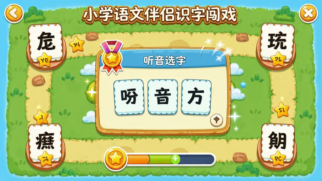 小学语文伴侣识字闯关游戏界面,画面中展示一个卡通闯关地图,每个关卡节点上有汉字卡片与星星奖励,屏幕中央是听音选字的答题界面,风格为活泼的游戏化设计,细节包含勋章图标、进度条、动画特效,画质清晰,干净,无多余元素