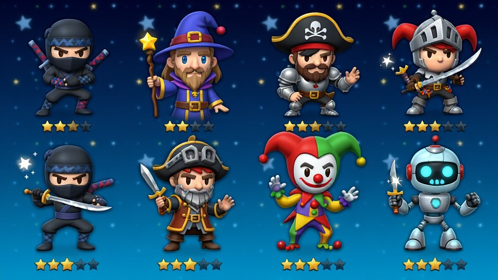 ��ͨ���Ľ�ɫչʾ���棬��������������λ��ͬ���͵Ĵ̿ͽ�ɫ�������ߡ���ʦ����������ʿ��С��ͻ����ˣ�ÿλ��ɫ���ֳֶ����������ڳ����ƴ��������ơ�����������ɫ���ǿգ���ɫ�·����Ǽ���ʶ��������Ϊ2D��ͨ��Ⱦ��ɫ�����ޣ�����Ϊ����״�Ű棬ϸ�ڰ�����ɫ������������������������Ч�����������ɾ����޶���Ԫ�أ�ͼƬ�������֡�