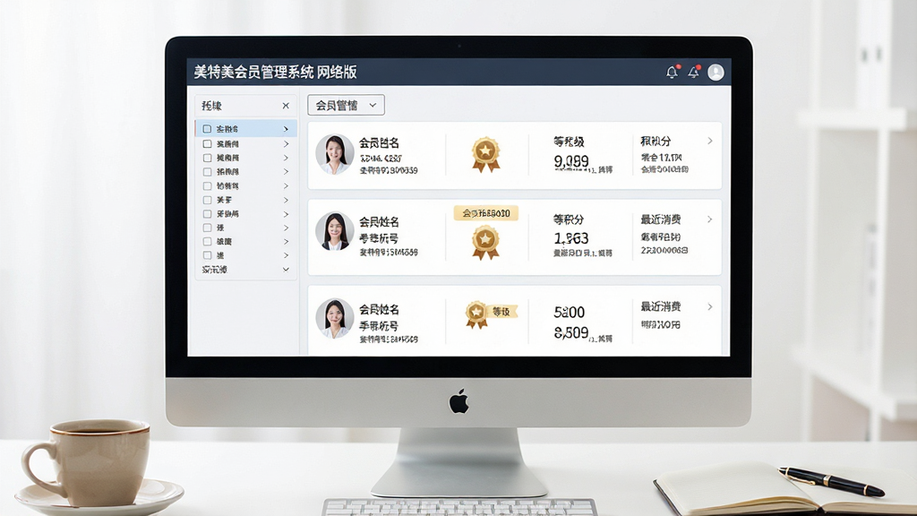 一张展示“美特美会员管理系统 网络版”会员档案管理功能的界面截图,主体为电脑屏幕中整齐排列的会员信息卡片列表,布局为左侧筛选栏与右侧详情面板,排版清晰,风格为清爽商务,细节包含会员姓名、手机号、等级徽章、积分数字、最近消费日期,屏幕旁放着一杯咖啡和笔记本,画面干净,画质高清,无多余元素
