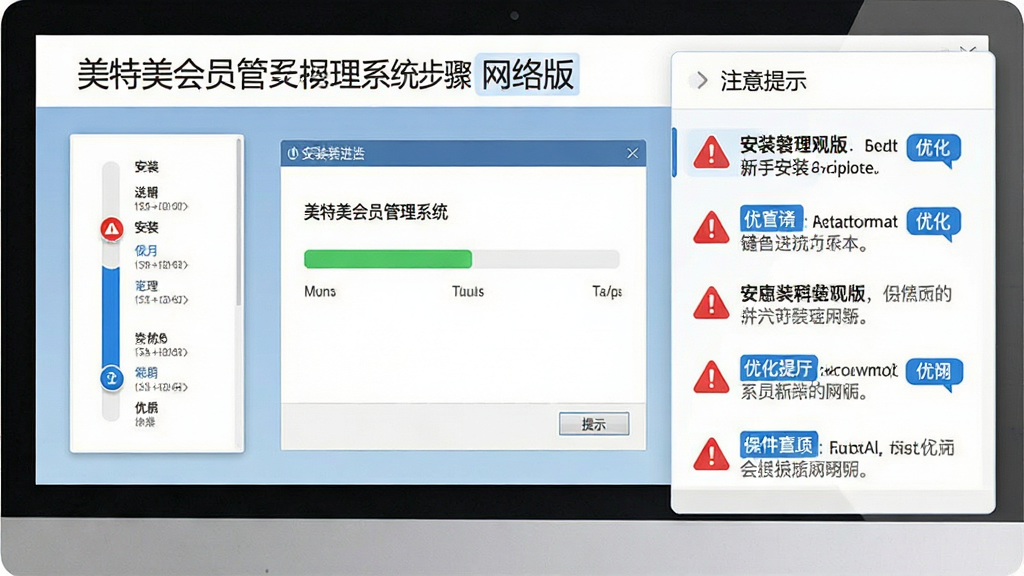 一张展示“美特美会员管理系统 网络版”新手安装操作步骤的示意图,主体为电脑屏幕中安装向导界面与注意事项提示框,布局为左侧安装进度条、右侧重点提示列表,排版清晰,风格为简洁扁平化,细节包括红色警告图标、蓝色优化标签、灰色提示文字,画面干净,画质高清,无多余元素