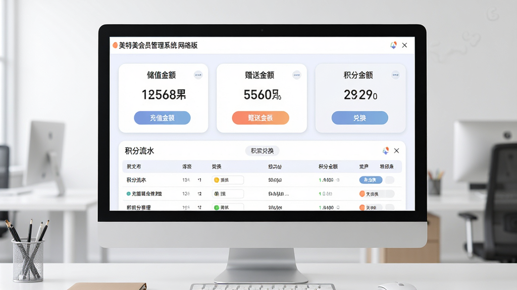 展示“美特美会员管理系统 网络版”储值与积分管理界面的图片,主体为电脑屏幕中充值操作面板与积分兑换设置页面,布局为上方储值方案卡片、下方积分流水表格,排版规整,风格为柔和圆角设计,细节包括充值金额数字、赠送金额、积分余额、兑换按钮,背景为简洁办公桌面,画质高清,干净无多余元素